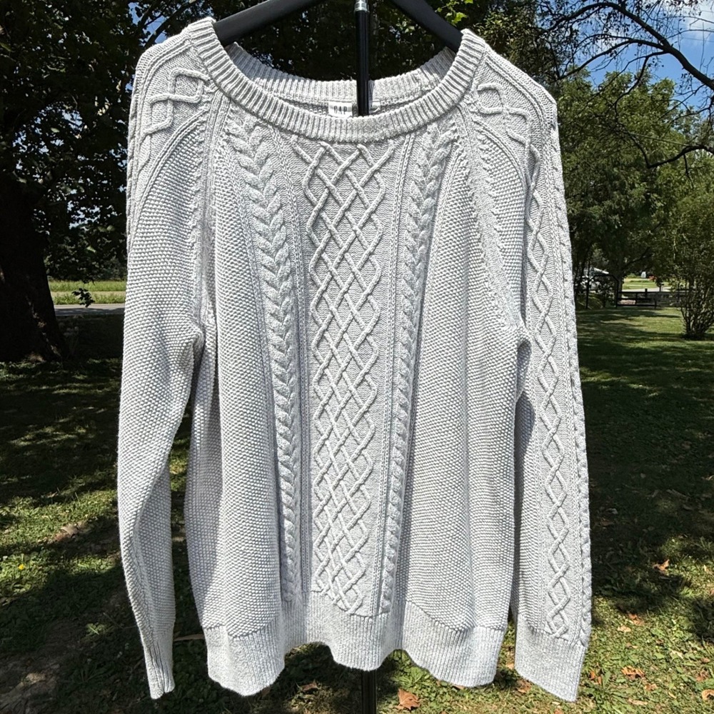 Gap Men XXL Cable Knit Sweater 100% Cotton Raglan Crew Neck Pullover Oatmeal
